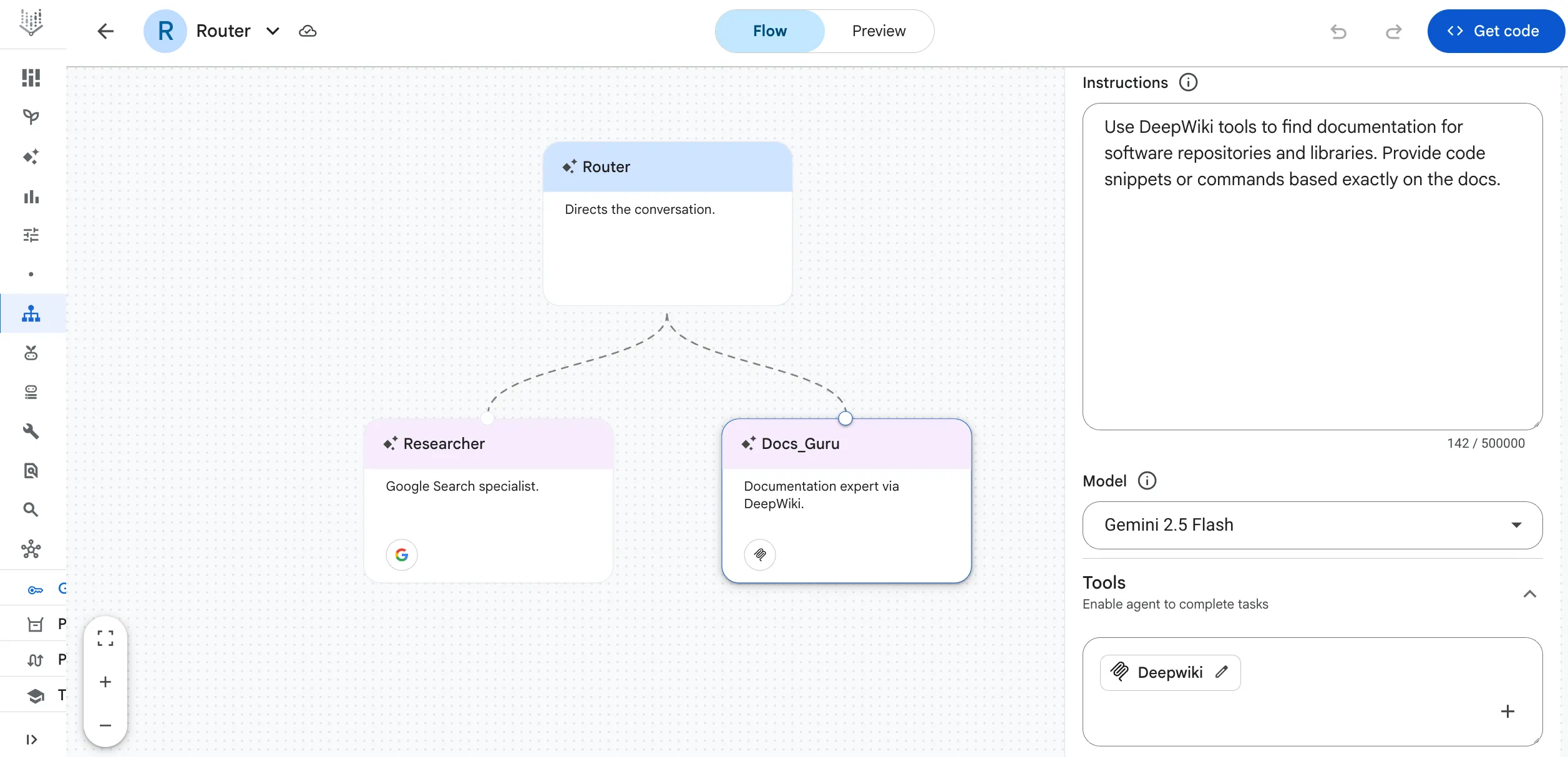 Google Agent Designer showing a router coordinating two specialized agents