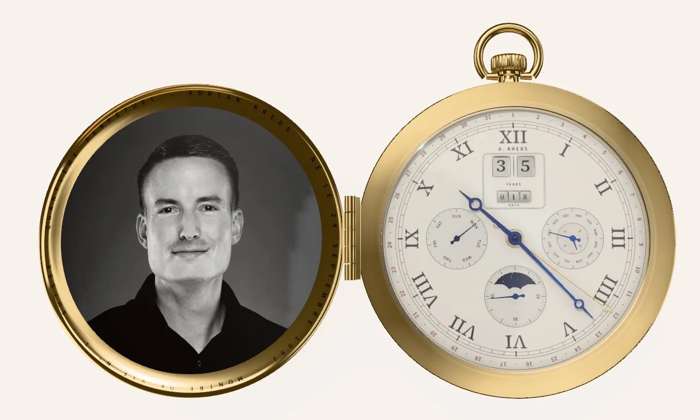 Adrian Krebs: a portrait inside the open lid of a gold pocket watch whose dial counts his age