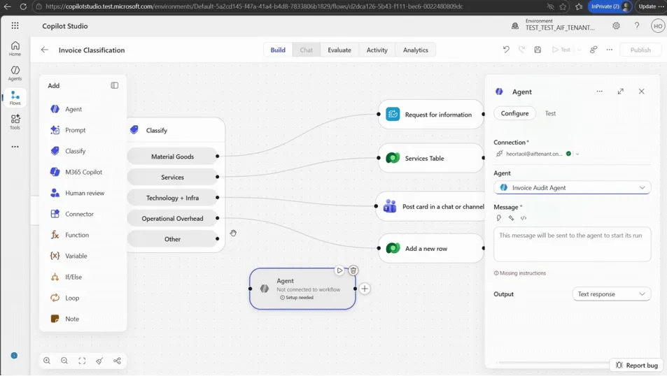 Microsoft Copilot Studio showing an invoice-classification agent flow
