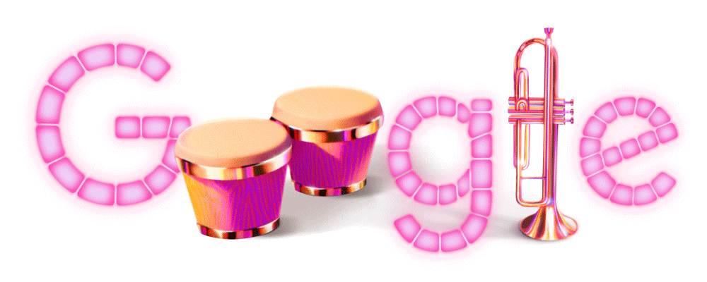 Google Doodle "The Art of Latin Pop": the Google logo in glowing pink tiles, with bongo drums and a trumpet as letters